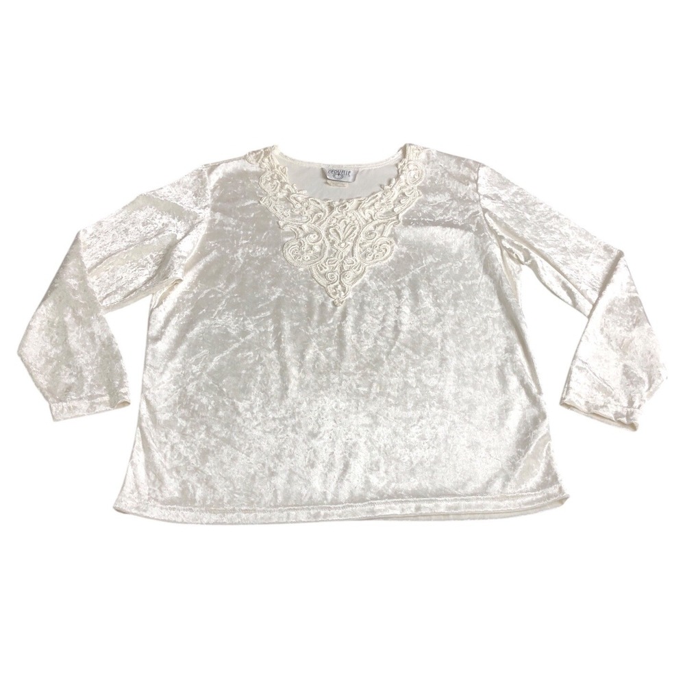 Vintage 90s Y2K Cervelle Velvet Top Womens L Cream Crochet Boho Fairy Whimsigoth